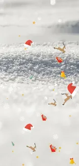 Snowy background with Santa hats and reindeer.