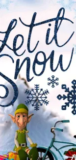 Playful elf with snowflakes and bike, 'Let it Snow' text on holiday wallpaper.