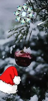 Snowy Christmas tree with ornaments.