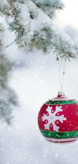 Snowy branch with red Christmas ornament in winter.