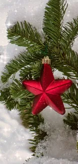 Red star ornament on snowy pine branches.