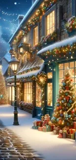 Festive snowy street with Christmas lights and decorations.