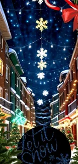 Charming snowy street with festive lights and decorations, showcasing a winter wonderland.