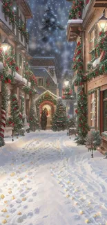 Festive snowy street with Christmas decorations and snow-covered path.