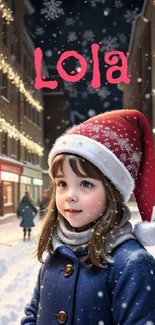 Child in Santa hat on snowy festive street.