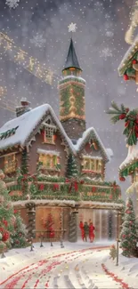 Festive snowy village with Christmas decorations and lights.