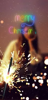 Festive mobile wallpaper with sparkler and Merry Christmas text in neon colors.