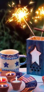 Festive table setting with sparkler candles and patriotic decor.