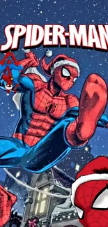 Festive Spider-Man in a snowy background wearing Santa hat.