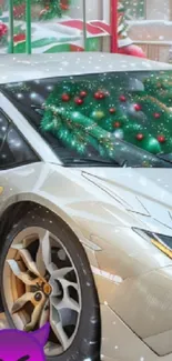 Festive decorated car with snowflakes falling in a wintery scene.