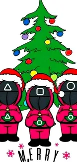 Festive Squid Game guards with Christmas tree.