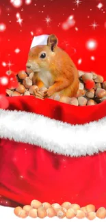 Festive squirrel in Santa hat amid nuts and snowflakes.