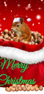 Cute squirrel in Santa hat with Christmas text on a red background.