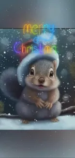 Festive squirrel with Santa hat and Christmas colors.