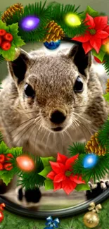 Squirrel framed by a colorful holiday wreath with Christmas decor.