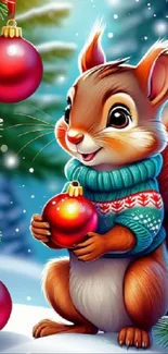 Squirrel in sweater with red holiday ornaments and a snowy background.