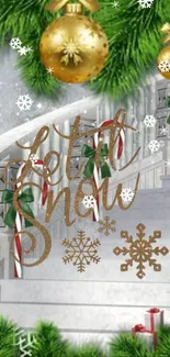 Christmas-themed wallpaper with snowflakes and festive decor.