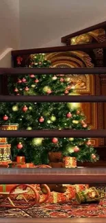 Stairs decorated for Christmas with tree and gifts.