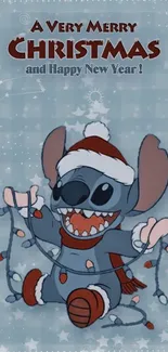 Festive Stitch Christmas wallpaper with holiday lights and decorations.