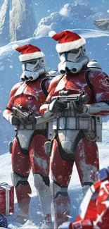 Stormtroopers in Santa hats with gifts in a snowy landscape.