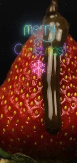 Christmas strawberry with chocolate and neon festive text.