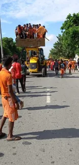 A vibrant street festival with people in colorful attire, celebrating together.