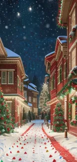 Snow-covered festive street with Christmas decorations and lights.