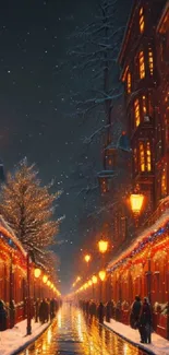 A festive winter street illuminated by warm lights and gentle snowfall.