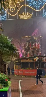 Festive street with Christmas decorations and lights.