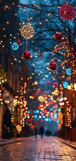 Street filled with festive twinkling lights and colorful decorations.