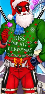 Cartoon superhero in Santa outfit with a festive Christmas sweater.