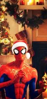 Superhero in Santa hat by the fireplace with Christmas decor.