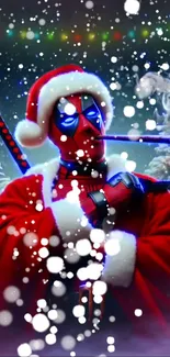 Superhero in Santa outfit with snowflakes and vibrant colors.