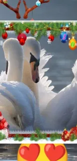 Two swans surrounded by festive holiday decorations.