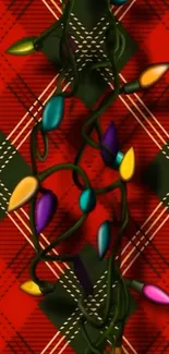 Festive wallpaper with colorful lights on a red tartan pattern.