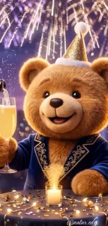 Teddy bear celebrating with fireworks and champagne in a festive setting.