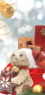 A festive teddy bear with Christmas gifts and ornaments in holiday decor.