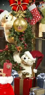 Teddy bears with Santa hats on a decorated Christmas tree with gifts.