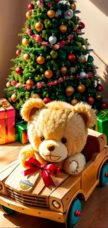 Teddy bear in wooden car by Christmas tree with gifts.