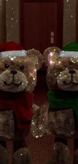 Festive teddy bear wallpaper with sparkles.