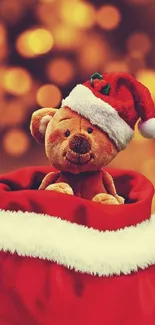 Cute teddy bear in Santa hat with red stocking, festive background.