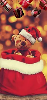 Teddy bear in Santa sack with festive gifts.