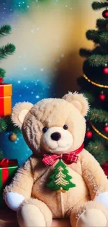 Teddy bear with Christmas gifts and trees in festive setting.