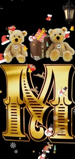 Festive wallpaper with teddy bears, gifts, and a golden 'M' on a black background.