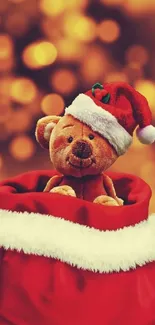 Teddy bear in Santa hat inside red festive sack.