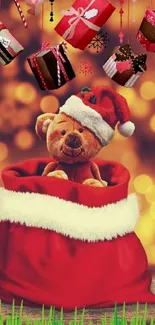 Teddy bear in Santa sack with festive gifts.