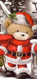 Teddy bear in Santa costume with snow and gifts.