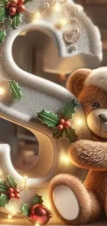 Cute teddy bear with festive holly and glowing Christmas lights.