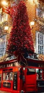 Festive Temple Bar with holiday lights and decorations in Dublin.