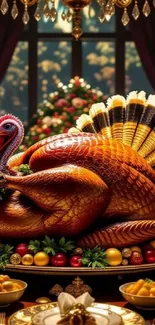 Elegant Thanksgiving turkey centerpiece on a decorated festive dinner table.